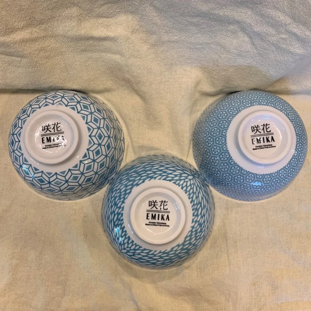 Emika‎ Ceramic Bowl 4.5” Set Blue Excellent Geometric Floral Pattern 3pc